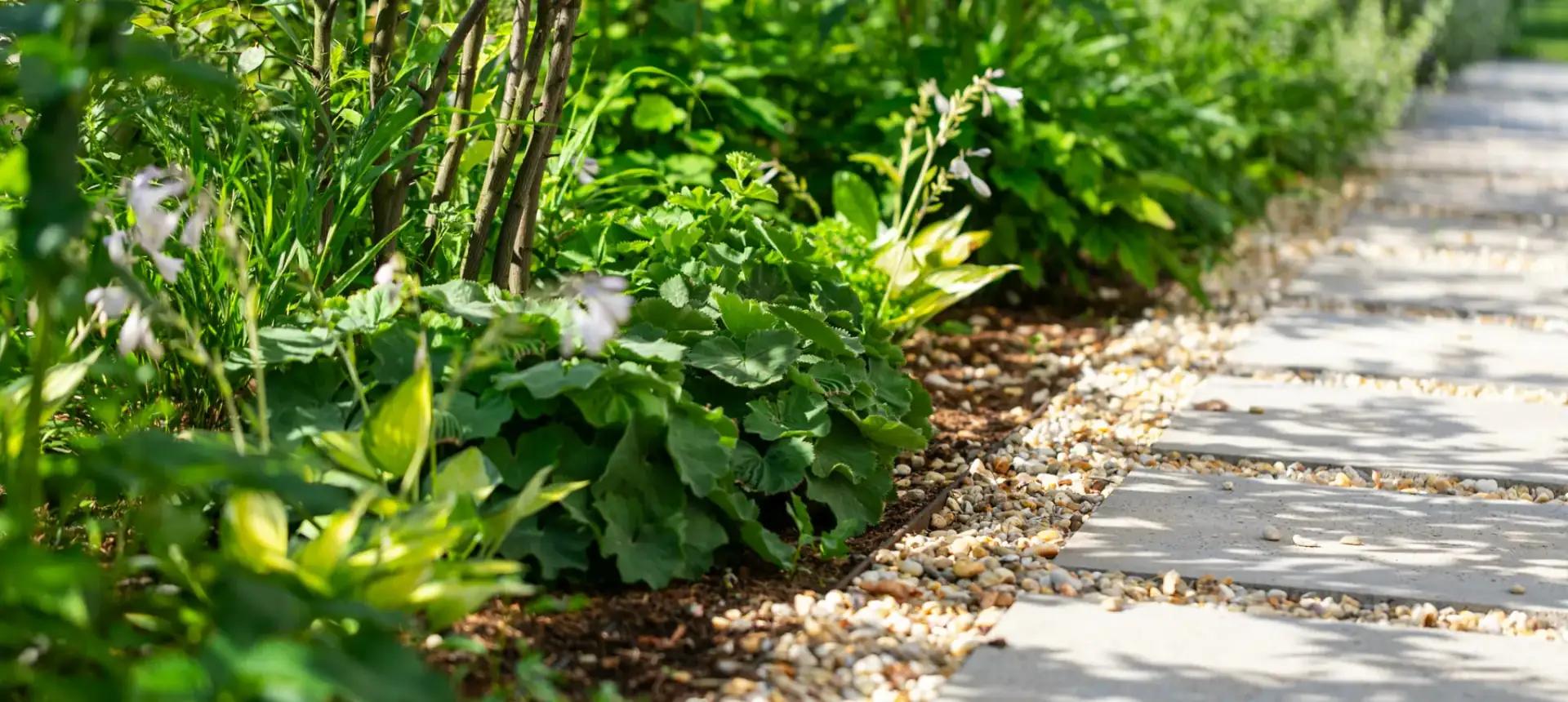 Gartenweg aus Steinplatten zwischen Staudenbeeten